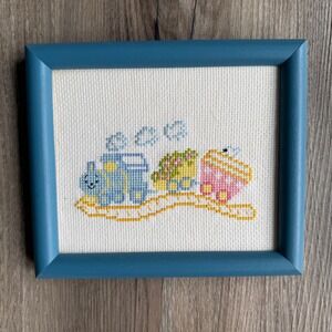 Vintage Handmade Train Cross Stitch Framed Wall Art Nursery Decor Blue 6x7